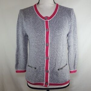 HALOGEN Gray White Pink Button-Up Sweater 3/4 Sleeve Office Church, Medium